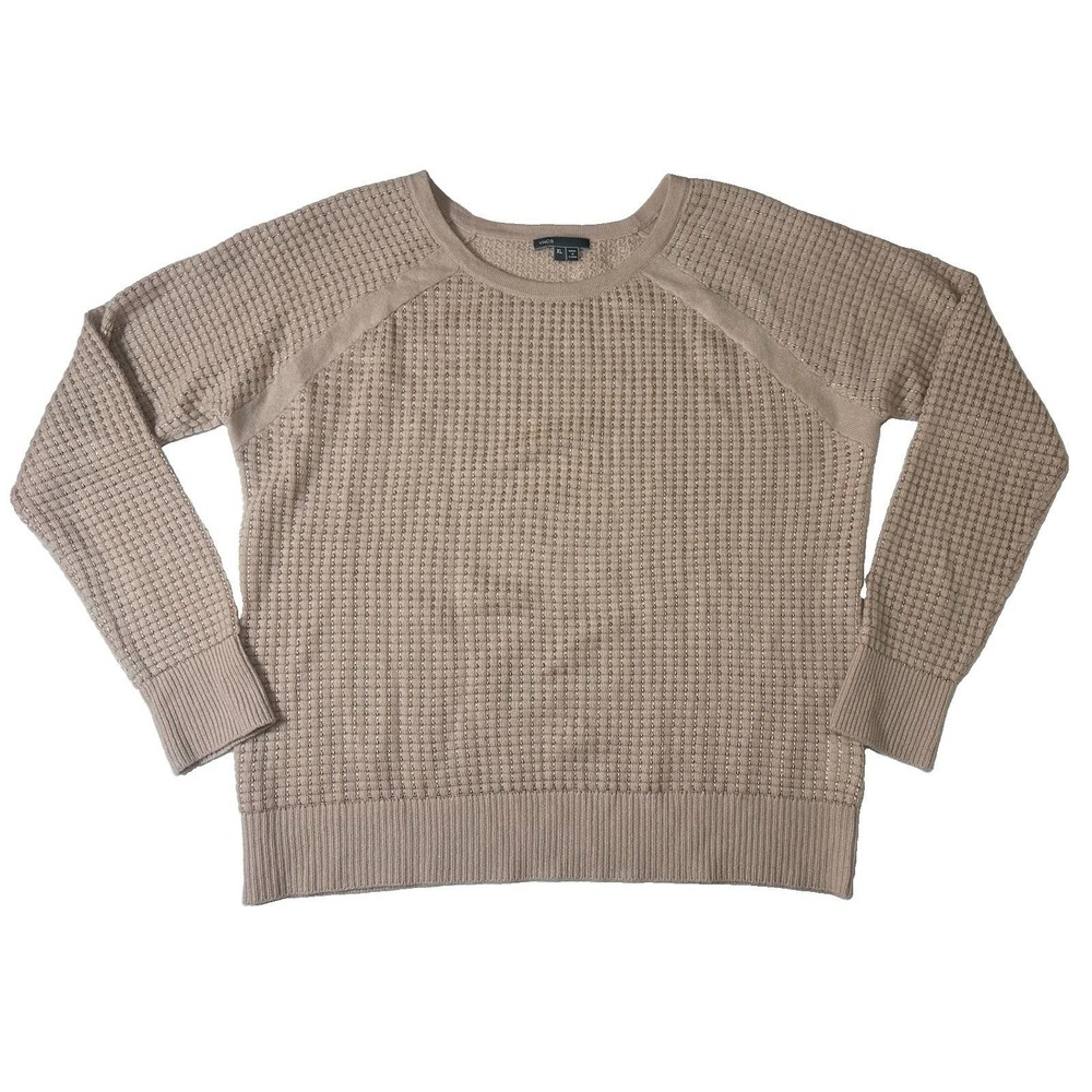 VINCE Women XL Blush Beige Cashmere Blend Open Knit Waffle Sweater Quiet Luxury